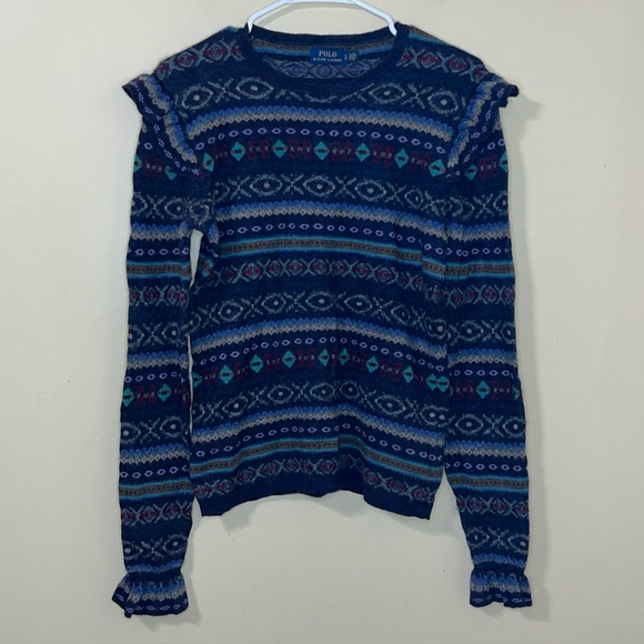 Polo Ralph Lauren Fair Isle Ruffle-Trim Jumper Sweater Large Blue - Picture 3 of 5